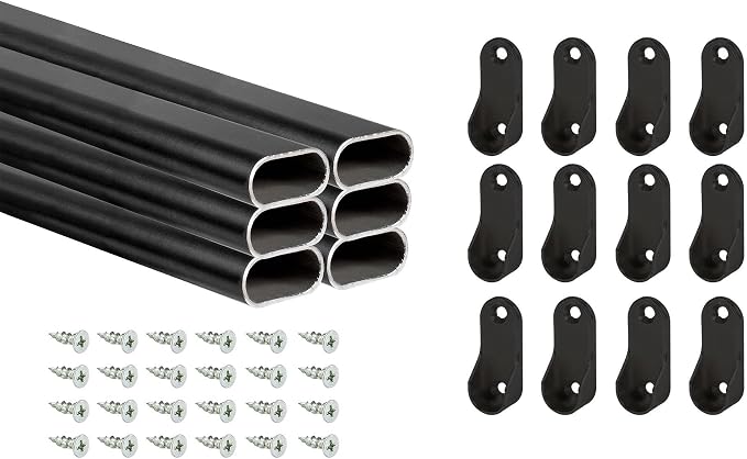 Outwater 48 Inch Black Aluminum Oval Closet Rod Kit, 1-3/16 Inch x 19/32 Inch Profile, Includes Matching Screw Mount Supports and Mounting Screws, Pack of 6
