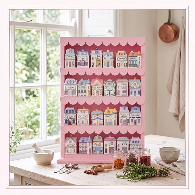 Chunful Vintage Spice Jar Wooden Rack Pink Scalloped Edge Spice Shelf for 24 Jars, Village Style Wall Mounting Kitchen Storage Decorative Hanging Display Rack, Shelf Only(18.7 x 15.75 Inches)