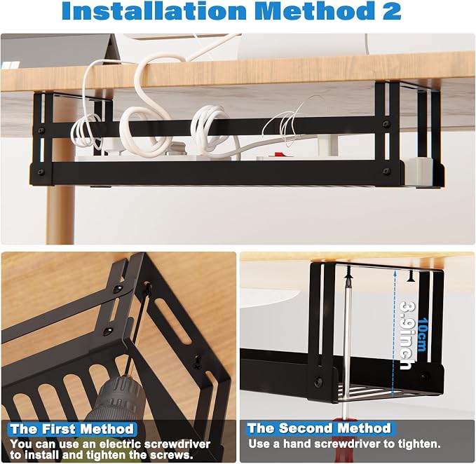 PAVSTINE Under Desk Cable Management Tray, 17 in Metal Cable Tray Basket | For Wire Management, Power Strip Holder, Cord Organizer, Wire Tamer for Home/Office Desk Cable Hider Black