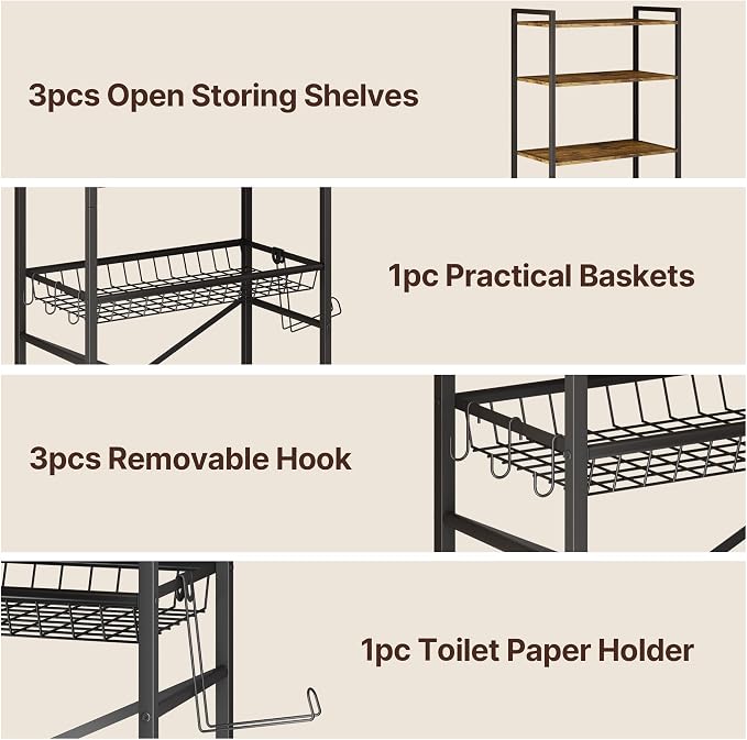 Gizoon Over-The-Toilet Storage Rack with Adjustable Shelf and Basket, 4-Tier Freestanding Space Saver Bathroom Shelves Above Toilet for Room