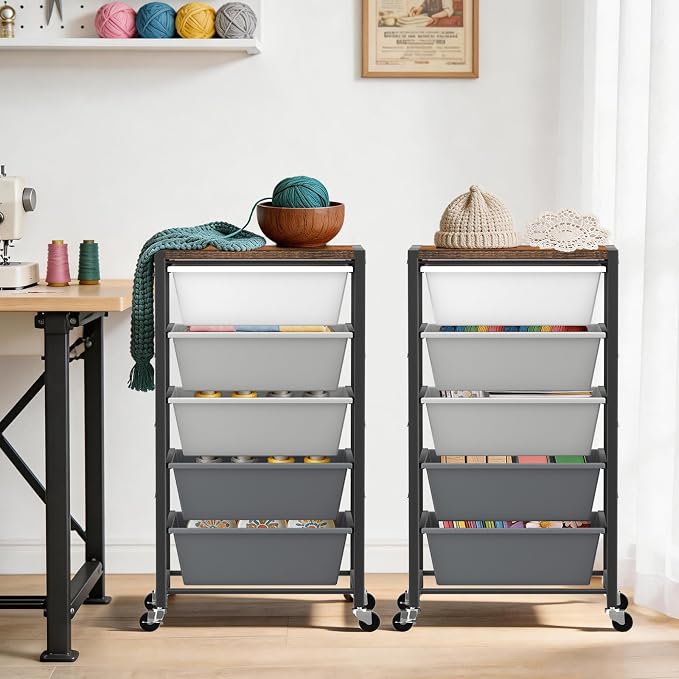 Rolling Cart with 5 Drawers, Plastic Drawer Storage Carts with Wheels & Wooden Tabletop, Metal Utility Cart for Office Bedroom Living Room Classroom, Craft Organization and Storage, Grey