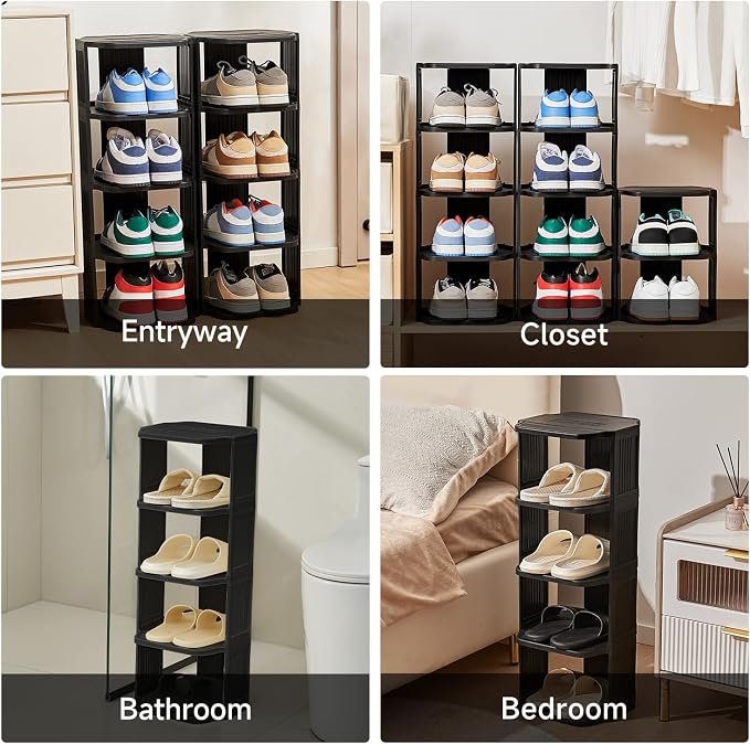 UFORU Small Shoe Rack, 7 Tier Plastic Vertical Shoe Rack for Small and Narrow Spaces, Free Standing Shoe Organizer for Closet, Entryway (Black)