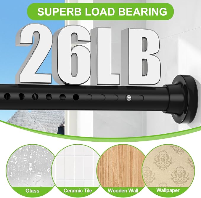 Long Tension Curtain Rod 40-113inch Black Curtain Rods no Drilling Adjustable Tension Rod for Windows,bathroom,Patio,Doorway,Heavy Duty Spring Rods Diameter 1.26inch