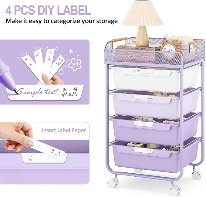 SYKIARIOL 4-Drawer Rolling Storage Cart with Mesh Top, Utility Craft Organizer Cart on Wheels with DIY Labels, Rolling Drawer Cart for Home Office Classroom Bedroom, Purple