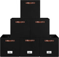 FinishingBo 13 inch Storage Bins with Labels 6 Pack | PU Leather Handles, Foldable Storage Cubes, Storage Baskets, Closet Storage, Black