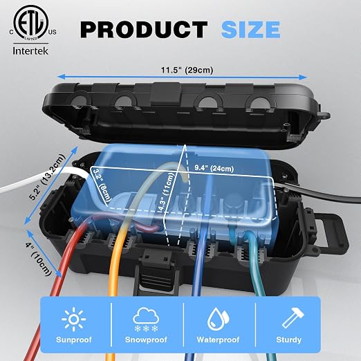 Flemoon Medium Outdoor Waterproof Electrical Box, for Power Strip | ETL Certified IP54 Extension Cord Cover w/6 Cable Entry Ports, Weatherproof Connection Box for Timer, Holiday Lights, Black