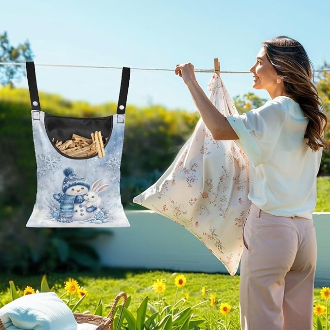 Winter Snowman Adjustable Door-Hanging Laundry Clothespin Bag Bunny Clothespin Storage Bags Laundry Clothespins Bag, Hanging Storage Organizer with Hanging Rope for Home Outdoor
