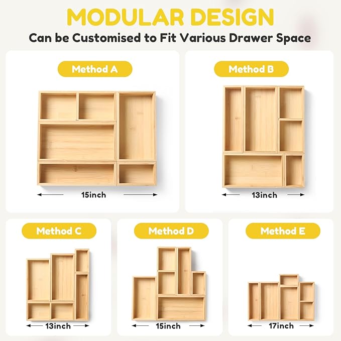 lilLittle Bamboo Drawer Organizer, 5 Pcs Multi Purpose Drawer Organizer Set | Wood Wax Oil Finish, Natural Bamboo, Sturdy, Space Saving, Versatile Storage, Easy to Clean