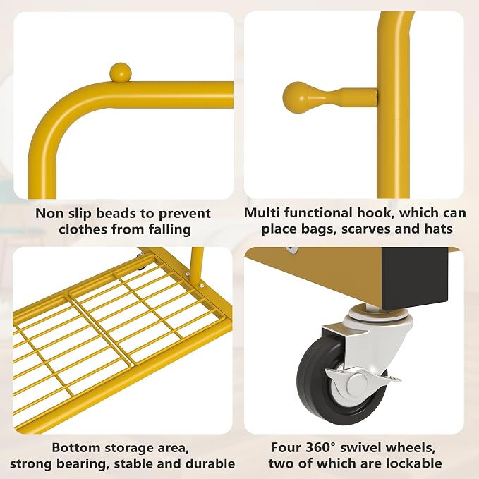 Sywhitta Clothing Rack on wheels, Clothes Rack with Bottom Mesh Storage Shelf,Sturdy Metal Frame,for Hanging Clothes,Coats,Skirts,39.76 "W x 16.06" D x 63.78" H,Gold Yellow
