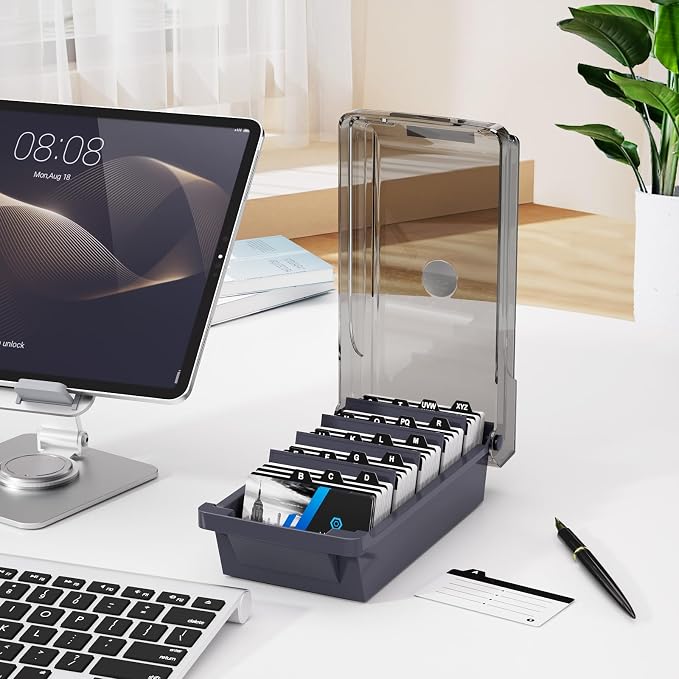 MaxGear Business Card Holder Desk, Large Plastic Business Card Box with Lid | Credit Cards Organizer Box for Office, File Storage Holds Up to 500 3.5” x 2.2” Cards, with Dividers A-Z Index Tabs, Gray