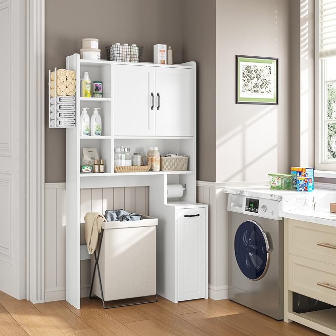 UPOSOJA Over The Toilet Storage Cabinet with Pulley Bathroom Storage Cabinet, White-Type B