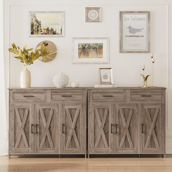 Homhedy Sideboard Buffet Cabinet, Coffee Bar Storage Cabinet with Drawers and Doors, Farmhouse Kitchen Cabinet with Adjustable Shelves, for Kitchen, Dining Room, Living Room, Greige