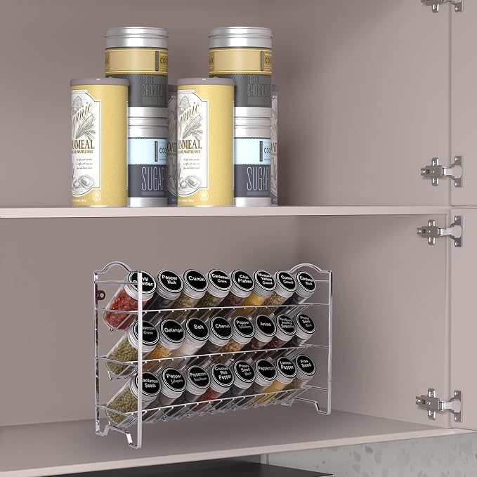 SWOMMOLY Spice Rack Organizer with 24 Round Spice Jars, 396 Spice Labels | Chalk Marker, Funnel Set for Cabinet, Countertop, Pantry, Cupboard or Door & Wall Mount - 24 Jars, 14.8" W × 9.8" H, Silver