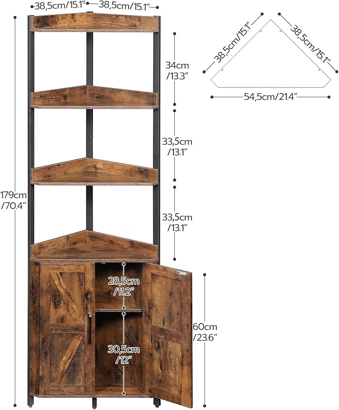 HOOBRO Corner Shelf with Storage, Tall Corner Cabinet, 5-Tier Bookshelf Stand, Storage Cabinet with Protective Fence, for Living Room, Rustic Brown and Black BF78CJ01