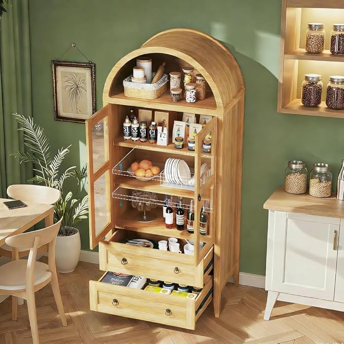 71" Tall Arched Kitchen Pantry, Pantry Cabinet, Kitchen Storage Cabinets with 2 Large Drawers & Adjustable Shelves & Glass Door for Living Room,Dining Room, Natrual