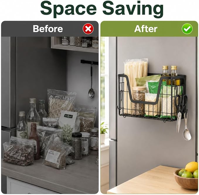 UFORU 2 Set Magnetic Shelf for Fridge, Magnetic Fruit Basket for Refrigerator, Potato Onion Storage Bins with Strong Magnets, Fridge Magnetic Spice Rack for Pantry Kitchen Counter Laundry Room, Black