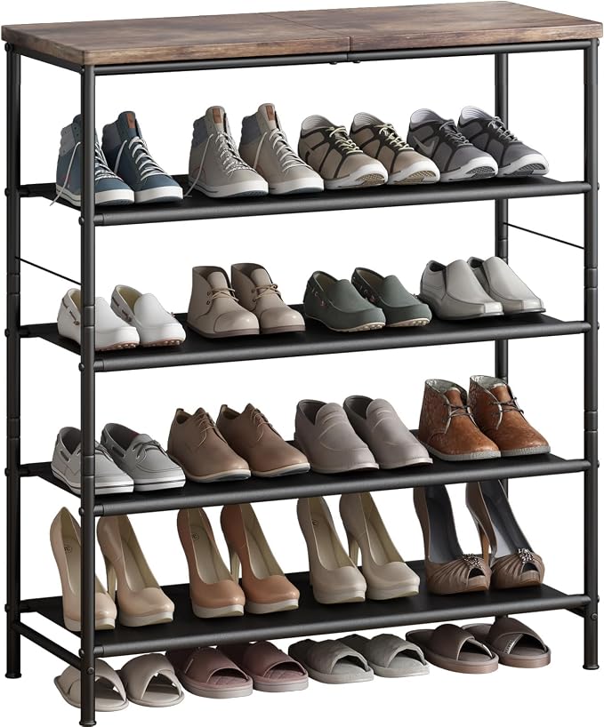 INGIORDAR Shoe Rack Organizer 5 Tier Metal Organizer Shelf with Industrial MDF Board and Layer Fabric for Entryway Closet Bedroom Living Room Garage,Black & Rustic Brown (Black+Rustic Brown, 5 Tier) | Metal space-saving Shoe Shelf stores 20+ Pairs of S...