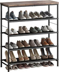 INGIORDAR Shoe Rack Organizer 5 Tier Metal Organizer Shelf with Industrial MDF Board and Layer Fabric for Entryway Closet Bedroom Living Room Garage,Black & Rustic Brown (Black+Rustic Brown, 5 Tier) | Metal space-saving Shoe Shelf stores 20+ Pairs of S...