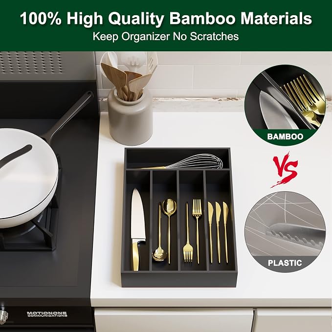 Utensil Organizer 10'' Silverware Drawer Organizer Cutlery Kitchen Bamboo | Natural Bamboo Black, 5 Compartment, Durable, Small Narrow Organizer, Silverware Tray, Utensil Holder, Silverware Organizer