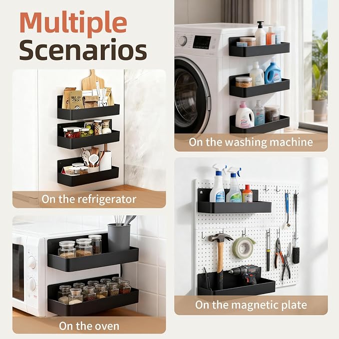 Magnetic Spice Rack for Refrigerator, Black, 2 Pack | Space Saving Storage Organizer, Rust Resistant Material, Strong Magnetic Design, Perfect for Small Kitchens