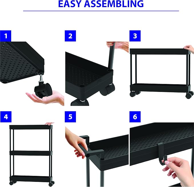Simple Houseware 3-Tier Slim Rolling Cart w/Handle 5.5" Wx27.5 H, Black | Storage Cart for Narrow Space (5.5-Inch Wide) Kitchen, Bathroom, Laundry Room