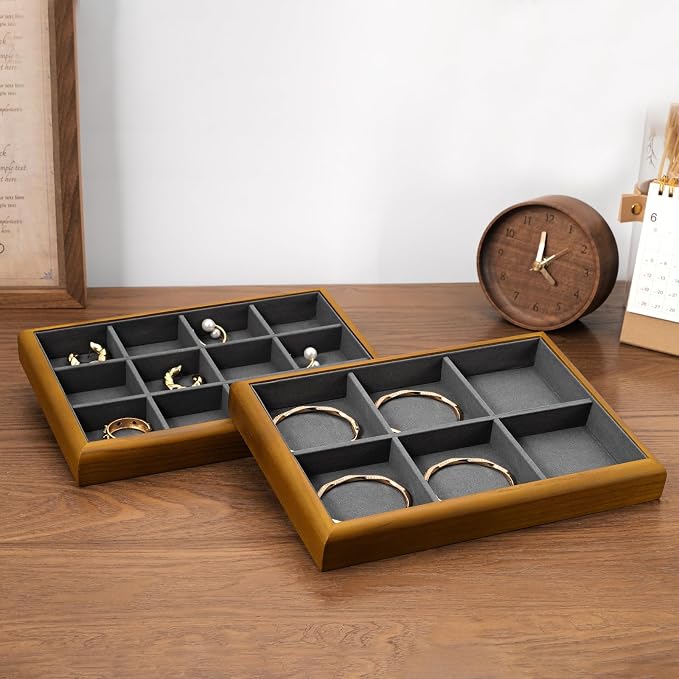 Oirlv Solid Wood 12 Grid Liner Pendant Jewelry Organizer Tray Jewelry Drawer Organizer(Grey)