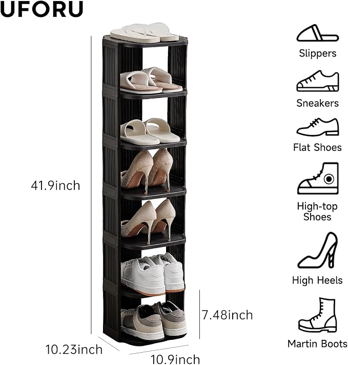UFORU Small Shoe Rack, 7 Tier Plastic Vertical Shoe Rack for Small and Narrow Spaces, Free Standing Shoe Organizer for Closet, Entryway (Black)