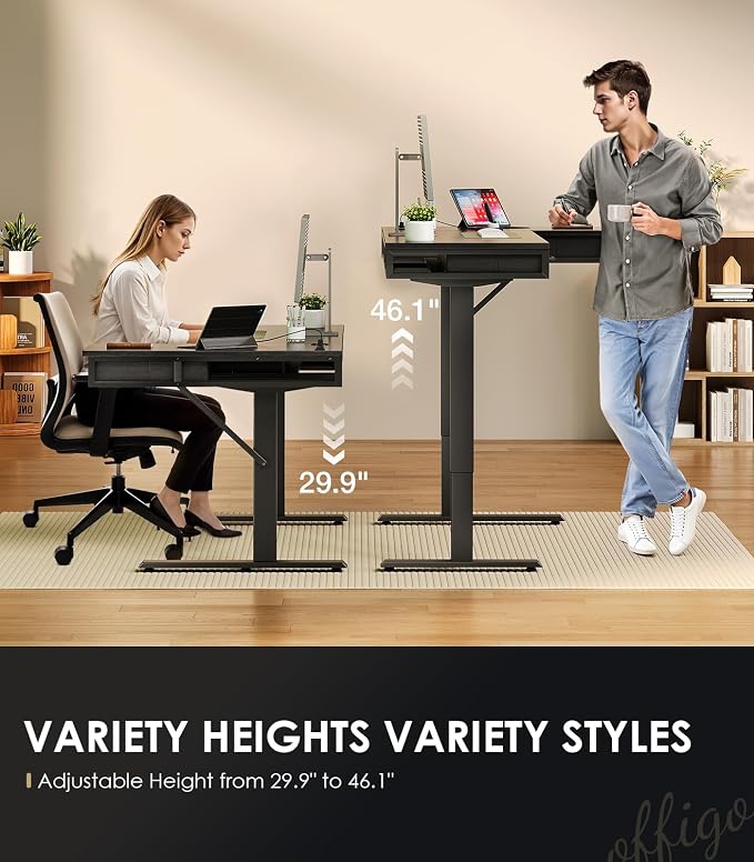 OffiGo 55 Inch L Shaped Electric Standing Desk with 4 Drawers, Black | Reversible Corner Table, Office Desk With 4 Drawers and Outlets For Home Office, Computer Workstation And Sit Stand Use