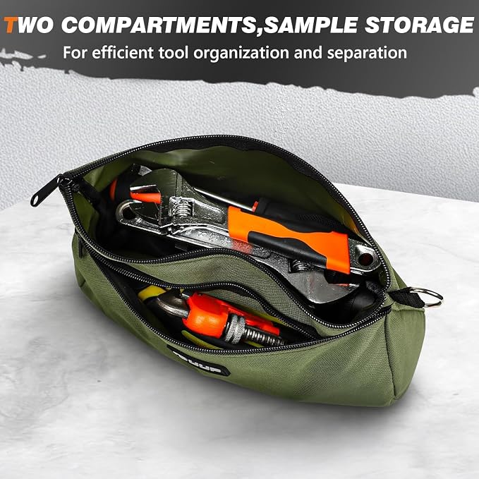 Tool Pouch 2-Pack 12" 10", Divider Zipper Bag, Small Tool Box Organizer | Waterproof, Heavy-duty Oxford, Smooth Zipper, D-Ring, Storage Case for Car Work Tool. Electrician Gift, Orange/Green
