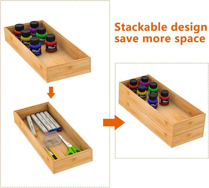 Bamboo Kitchen Drawer Organizer 15"x 6", Wooden Stackable Silverware Tray | Utensil Organizer Cutlery Holder for Kitchen, Wooden Storage Box for Bathroom, Multi-Use Storage Bins Dividers for Office