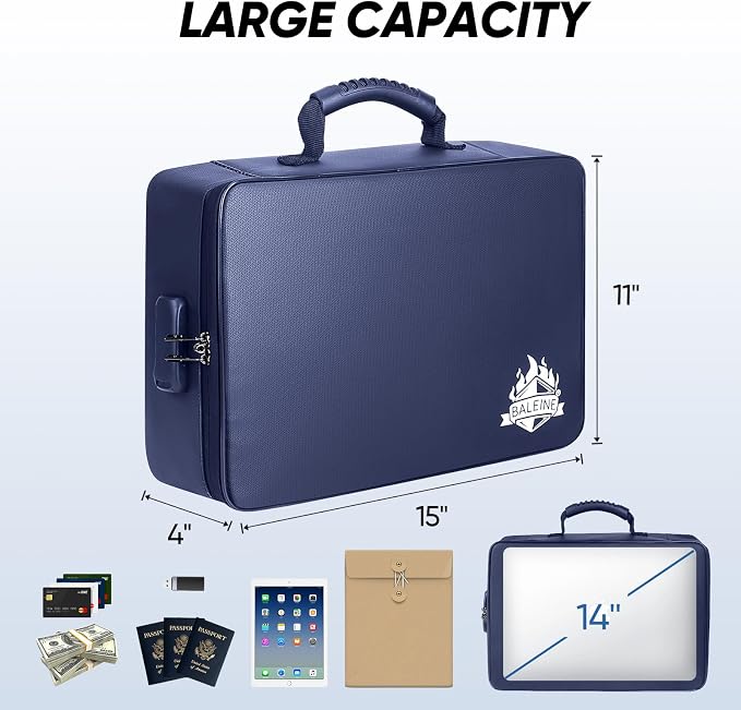 BALEINE Fireproof Document Box with Lock, Portable Fireproof Document Bag Waterproof Fire Proof File Boxes for Documents, File Organizer Box for Important Paperwork (Blue, 15''x11''x4'')