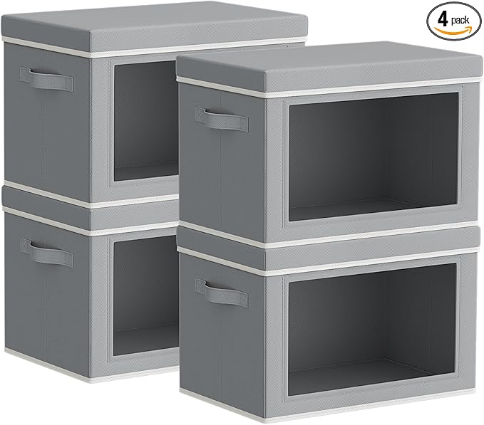 Homsorout Storage Bins with Lids - Small Fabric Organizers with Window, Collapsible Storage Bins for Clothes, Decorative Closet Organizers for Towels, Tshirt, 4 Pack, Grey