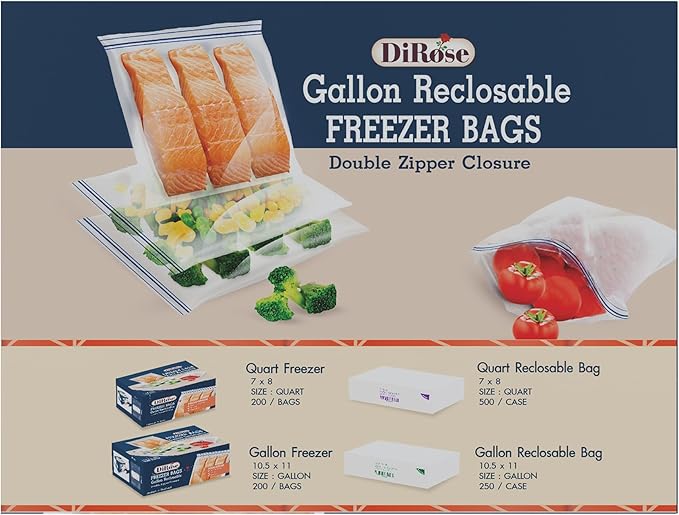 DiRose Reclosable Freezer Bags - 1 Gallon Size (200 Pack) | Double Zipper, Airtight Seal, BPA-Free, Premium Thick Heavy-Duty Bags for Safe and Secure Food Storage