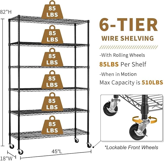 6-Tier Storage Shelves 45" x 18" x 82" Heavy Duty Metal Shelving Unit 2100Lb Capacity Adjustable Storage Racks with Wheels NSF Garage Wire Shelf for Basement Commercial, Black