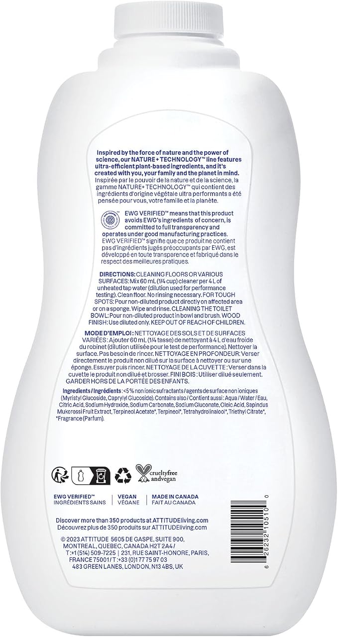 ATTITUDE Floor Cleaner, EWG Verified, Streak-Free, Vegan & Plant-Based for Tile, Wood & Laminate Floors, Citrus Zest Scent, 35.2 Fl Oz