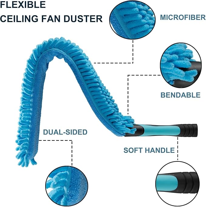 20 Foot High Ceiling Fan, Cobweb Duster with 5-12ft Extension Pole | Extendable, Reusable Feather, Window Cleaning Squeegee Kit