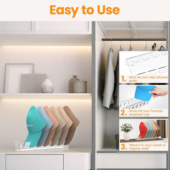 Nicetree Hat Organizer, 2 Pcs No Install Acrylic Hat Racks for 14 Baseball Caps Storage, Hat Stand for Baseball Caps Display and Organizer for Dresser, Bedroom, Closet, Office