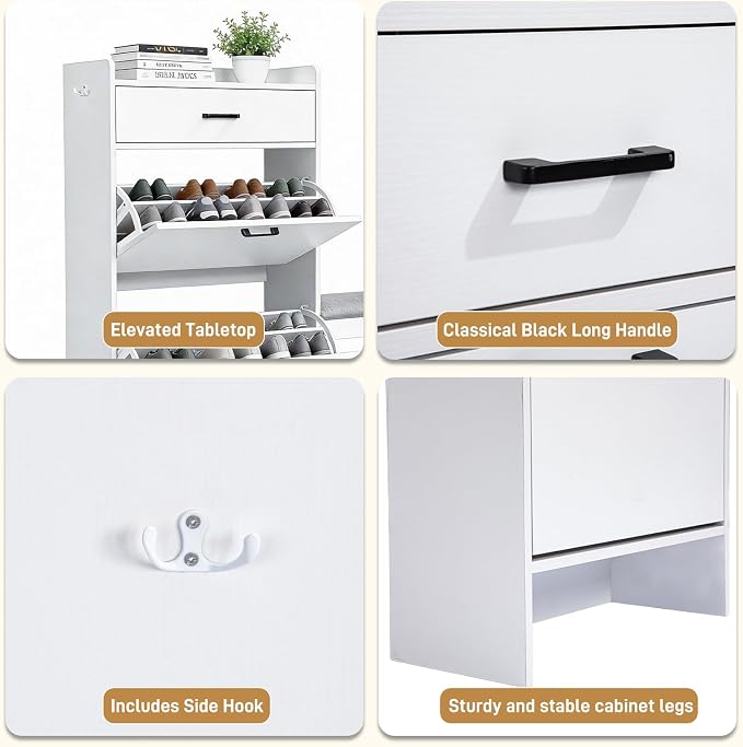 Karl home White Farmhouse Shoe Cabinet, Cushioned Entryway Bench Organizer | Narrow Slim Freestanding Shoe Rack Featuring 2 Flip Drawers and Top Flip Drawer, Ideal for Entryway, Living Room