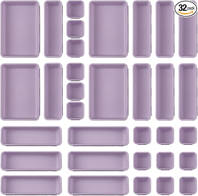 32 Pcs Desk Drawer Organizer Office Organization Tray Versatile Vanity Organizer with Nonslip Pads Makeup for Divider Drawer Storage Box Container for Kitchen Bedroom(Purple)