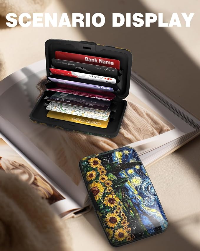 Maicican Credit Card Holder, Mini RFID Blocking Aluminum Wallet | Slim Metal Hard Case Travel Wallet ID Case for Women and Men, 4.3 x 2.9 Inches, Starry Sky Sunflowers
