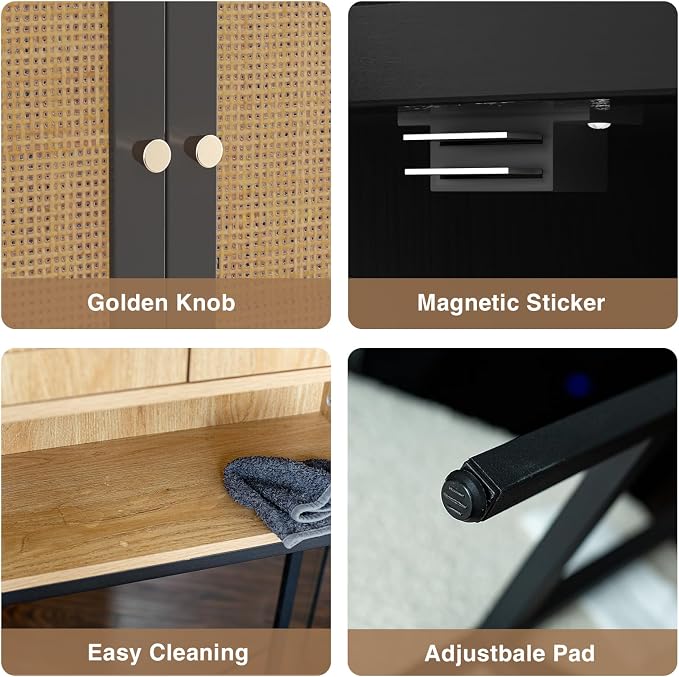 Rattan Toilet Storage Cabinet, Over The Rack Wood Cabinet with Metal Stand, Bathroom Organizer with Adjustable Shelf, Tall Freestanding Washer Shelf, Small Cupboard, Space Saver, Natural style, Black