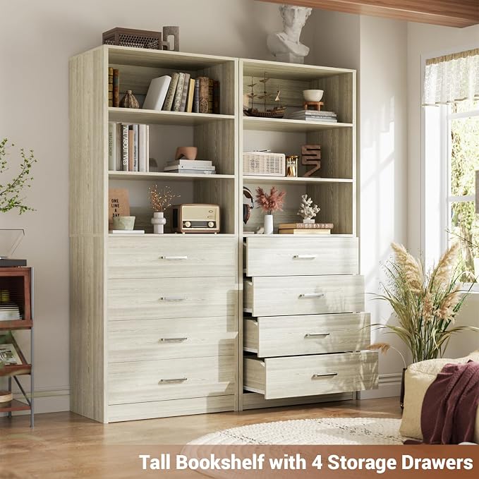 Aheaplus Closet Drawers Organizer System, 3.54FT Wood Closet System with 4 Drawers, Modular Walk-in Closets Storage Unit, Tall Bookshelf Storage Cabinet, White Oak (2 Packs)