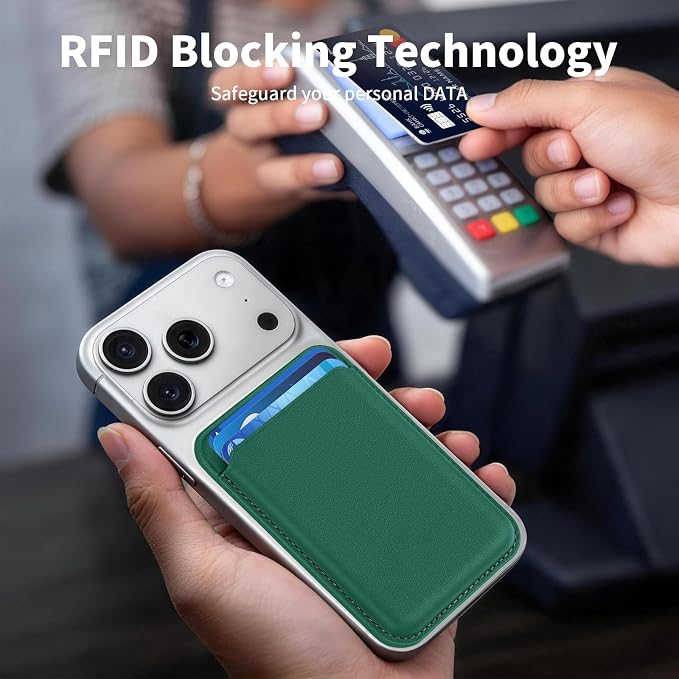 Magnetic Wallet Phone Card Holder for Phone Case with Mag-Safe, Stronger Magnetic RFID Leather Phone Wallet Stick on Series of iPhone 17/16/15/14/13/12 and Pro/Promax, Emerald