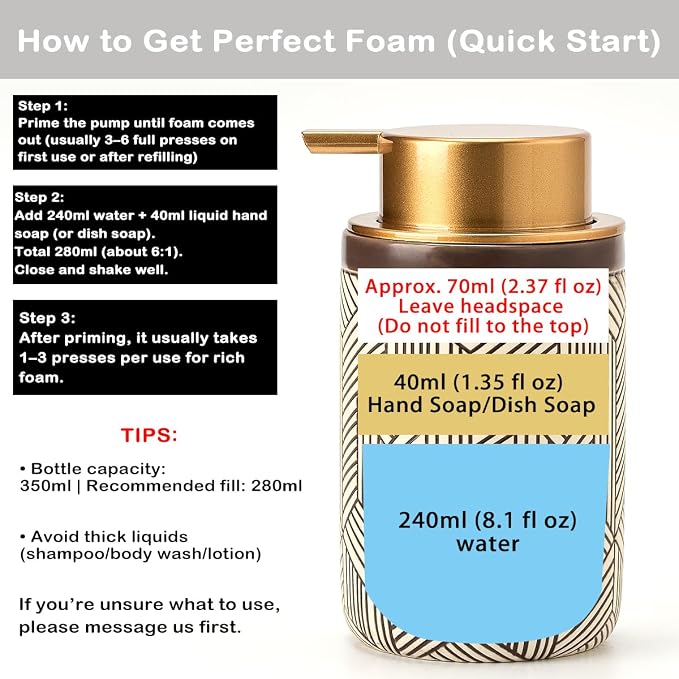 Brown Foaming Soap Dispenser,Ceramic Foam Soap Dispenser for Bathroom&Kitchen,12oz Foam Dispenser with Plastic Gold Pump(Unique&Modern)