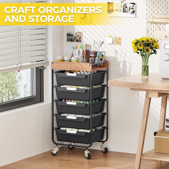 SYKIARIOL Utility Cart with 5 Labeling Drawers and Wooden Tabletop – Rolling Storage Cart for Crafters, Artists, Kids, Teachers, and Students – Organize Arts, Crafts, Sewing & Study Supplies