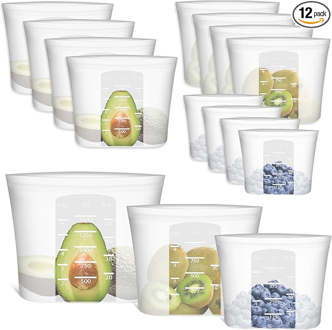 Reusable Storage Bag, 12 Pack 100% Silicone Food Storage Bags Stand Up Silicone Zip Lock Bags for Food Container, Freezer Microwave Oven Dishwasher Safe, 4 Medium 4 Small 4 Extra Small, Translucent