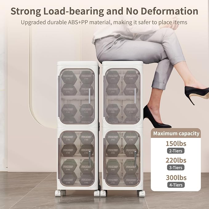 2 Tier Slim Bathroom Storage Cabinet, Foldable and Movable, White | Tools Free, ABS and PET, Magnetic Clear Door, Adjustable Shelves, Lockable Wheels, Water Resistant, For Narrow Space