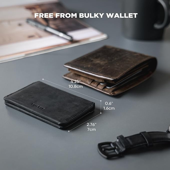 VULKIT Slim Minimalist Card Holder RFID Blocking Leather Credit Card Holder Front Pocket Wallet Magnetic Closure, Handcrafted Cowhide Version