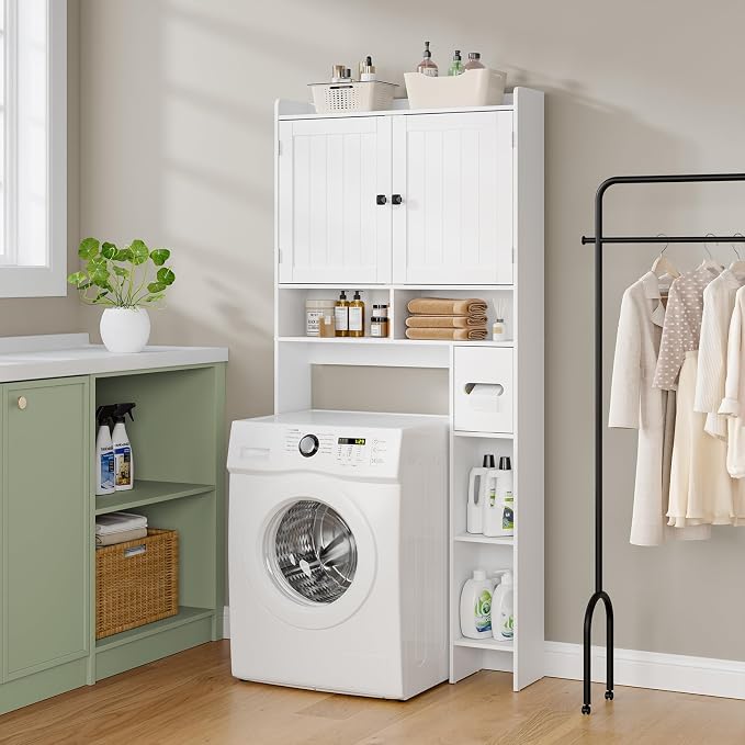RRX Over The Toilet Storage Cabinet, Bathroom Above Organizer (Milky White) | Free Standing Toilet Rack with Adjustable Shelf and Open Storage, Double Doors, Space Saver, 30.7" L x 7.87 "W x 65.7 "H