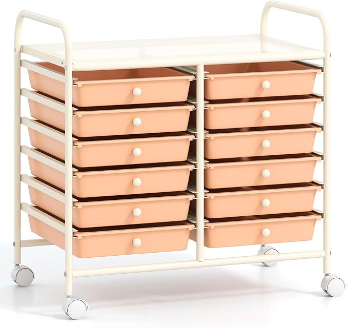 GOFLAME 12-Drawer Rolling Storage Cart, Multifunctional Art Craft Organizer Cart, Mobile Utility Storage Cart with Removable Drawers & Lockable Wheels, Craft Cart for Home Office School, Peach Fuzz